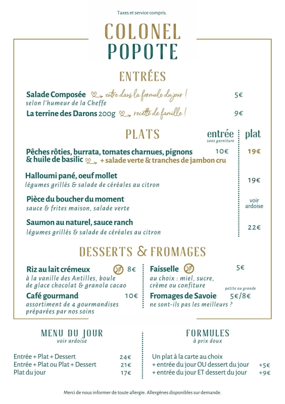 La carte - Colonel Popote - restaurant BARBERAZ - Brunch chambery - Lac du Bourget  - visite de Chambéry - manger a BARBERAZ