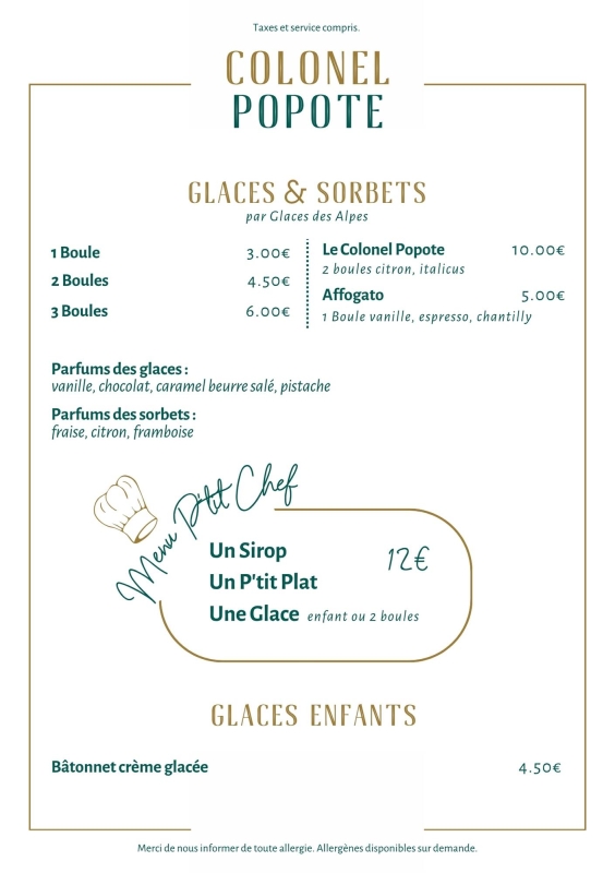 La carte - Colonel Popote - restaurant BARBERAZ - Brunch chambery - Lac du Bourget  - visite de Chambéry - Restaurant à Chambéry