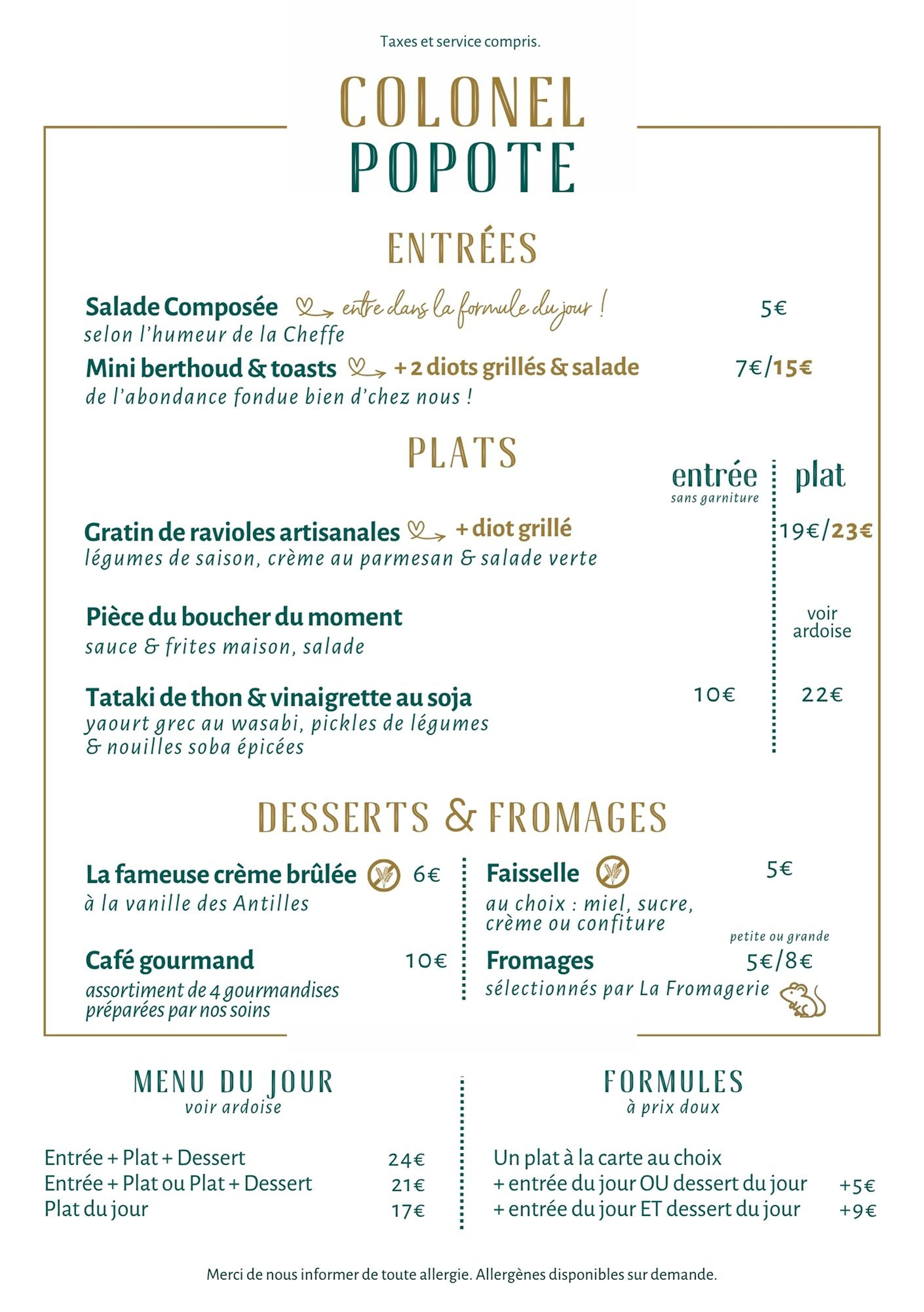 La carte - Colonel Popote - restaurant BARBERAZ - Brunch chambery - Lac du Bourget - visite de Chambéry