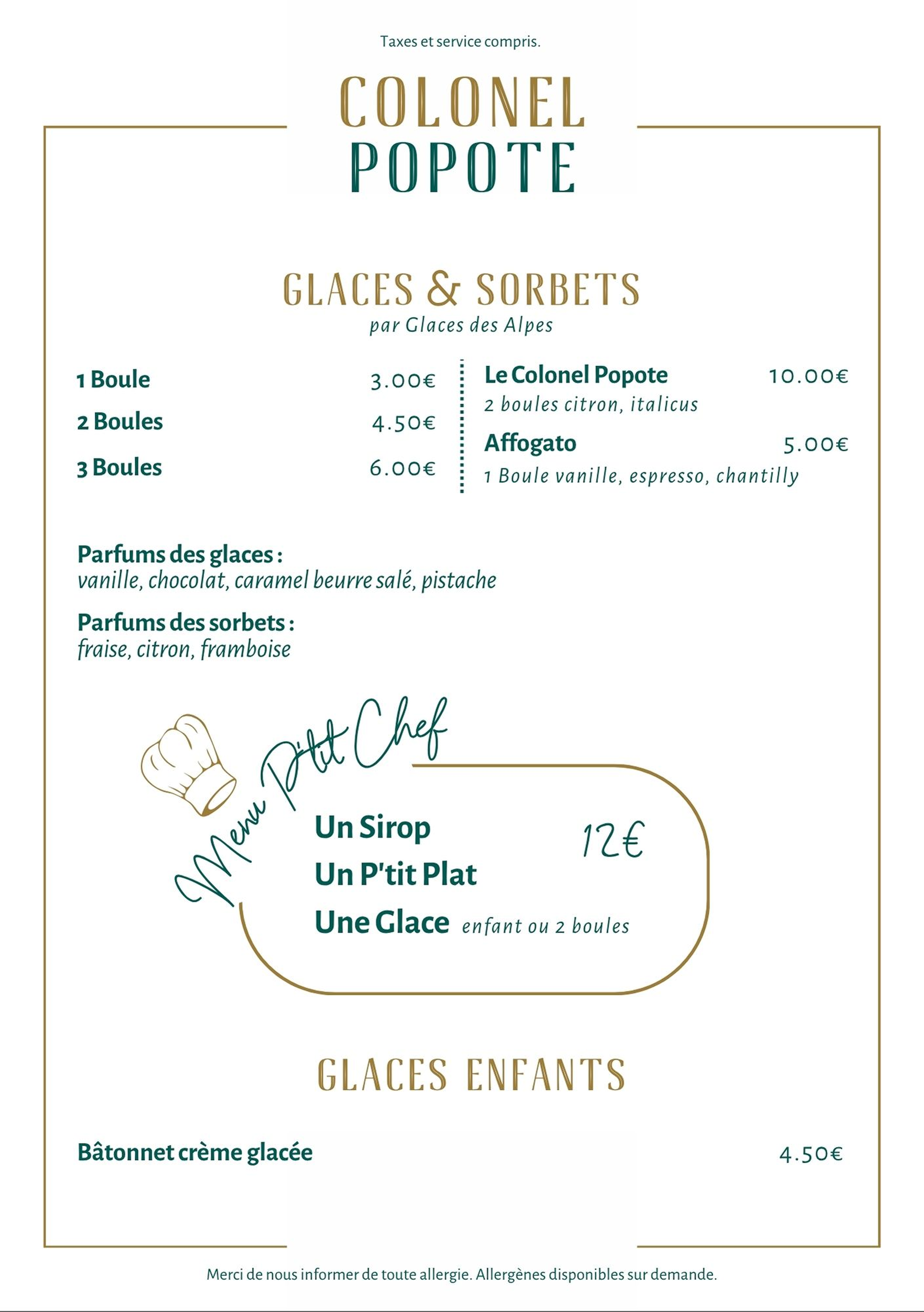 La carte - Colonel Popote - restaurant BARBERAZ - Brunch chambery - Lac du Bourget - visite de Chambéry